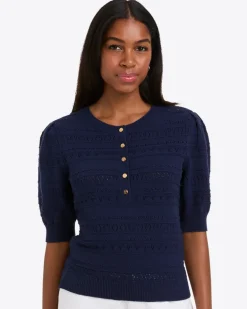 Annabelle Short-Sleeve Sweater in Navy Pointelle