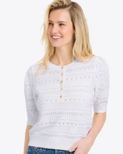 Annabelle Short-Sleeve Sweater in White Pointelle