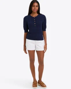 Annabelle Short-Sleeve Sweater in Navy Pointelle