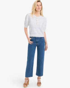 Annabelle Short-Sleeve Sweater in White Pointelle