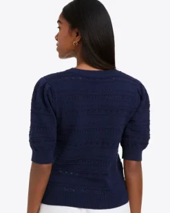 Annabelle Short-Sleeve Sweater in Navy Pointelle