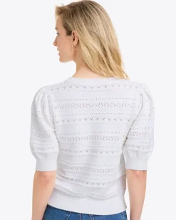 Annabelle Short-Sleeve Sweater in White Pointelle