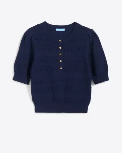 Annabelle Short-Sleeve Sweater in Navy Pointelle