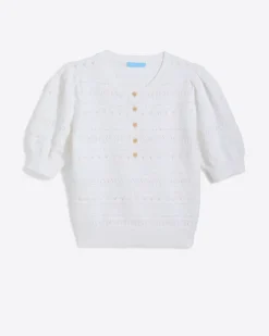 Annabelle Short-Sleeve Sweater in White Pointelle