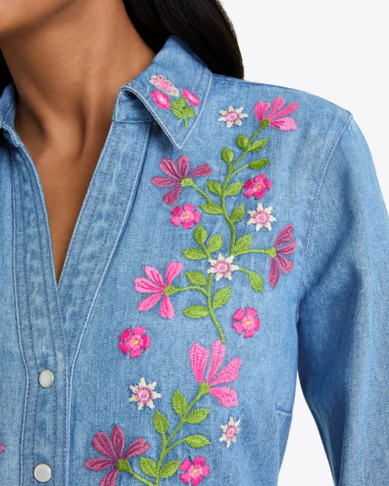 Cecilia Embroidered Shirtdress in Denim