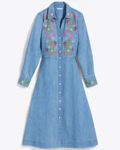 Cecilia Embroidered Shirtdress in Denim