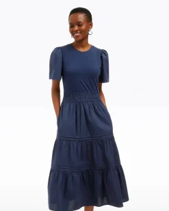 Cleo Mixed Media Midi Dress in Navy