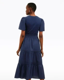 Cleo Mixed Media Midi Dress in Navy
