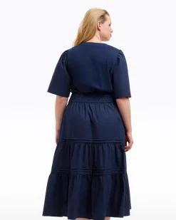 Cleo Mixed Media Midi Dress in Navy