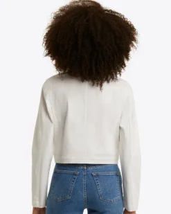 Collarless Jacket in White Denim