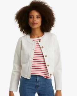 Collarless Jacket in White Denim