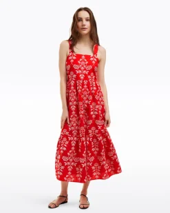 Cynthia Embroidered Midi Dress in Red Floral Embroidery
