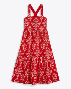 Cynthia Embroidered Midi Dress in Red Floral Embroidery