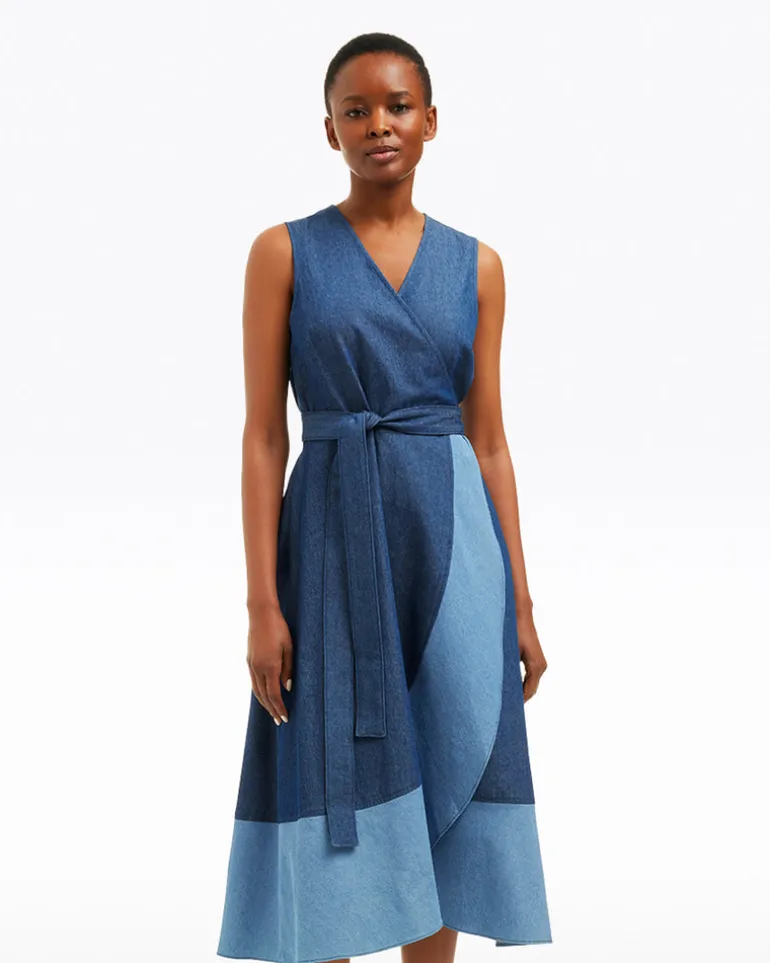 Lorelai Two Tone Sleeveless Wrap Dress in Chambray