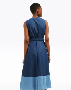 Lorelai Two Tone Sleeveless Wrap Dress in Chambray