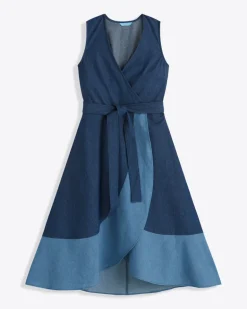 Lorelai Two Tone Sleeveless Wrap Dress in Chambray