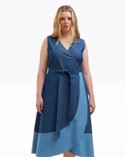 Lorelai Two Tone Sleeveless Wrap Dress in Chambray