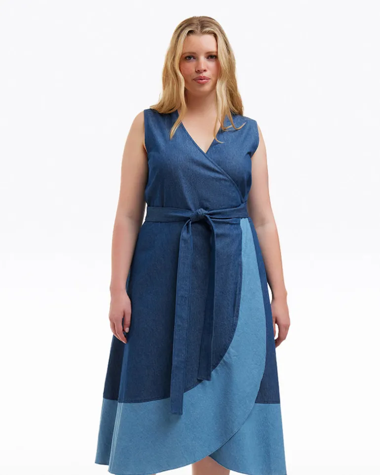 Lorelai Two Tone Sleeveless Wrap Dress in Chambray