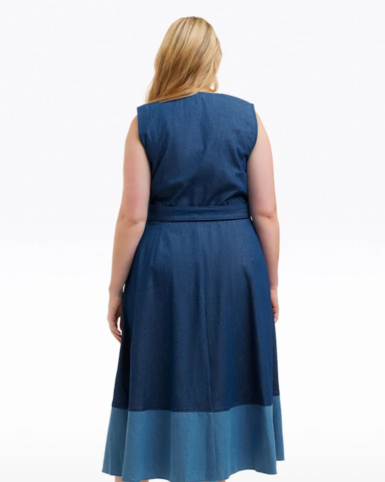 Lorelai Two Tone Sleeveless Wrap Dress in Chambray
