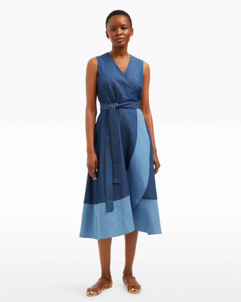 Lorelai Two Tone Sleeveless Wrap Dress in Chambray