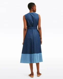 Lorelai Two Tone Sleeveless Wrap Dress in Chambray