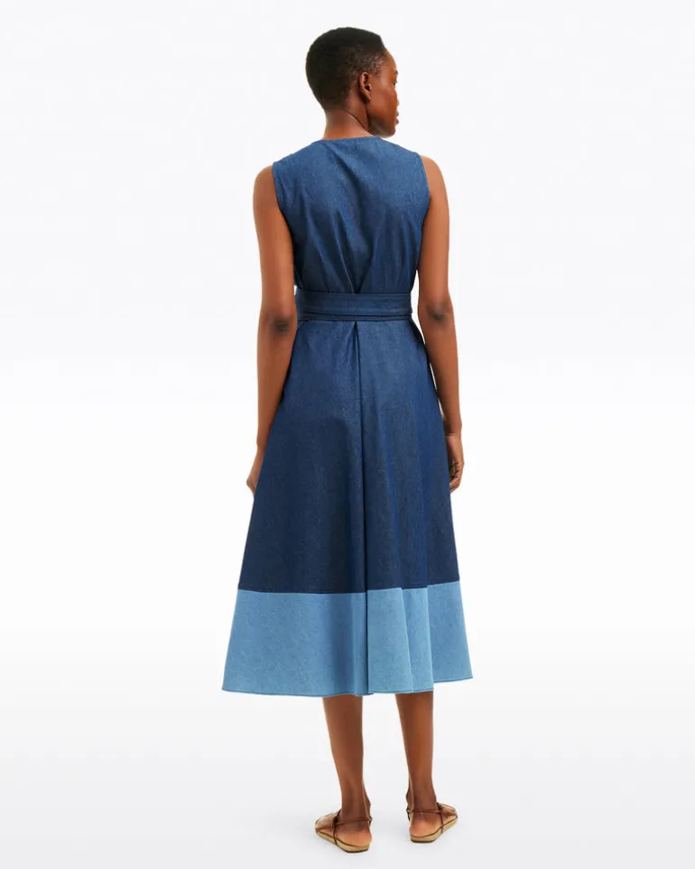 Lorelai Two Tone Sleeveless Wrap Dress in Chambray