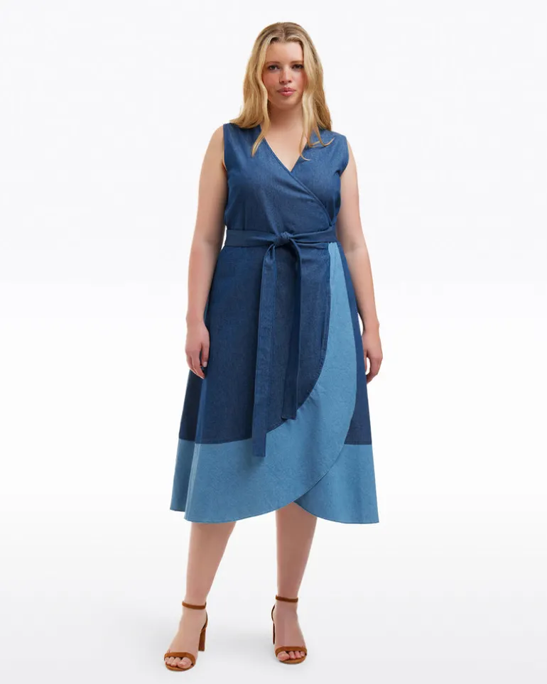 Lorelai Two Tone Sleeveless Wrap Dress in Chambray