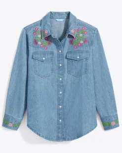 Lynn Embroidered Long Sleeve Top in Denim