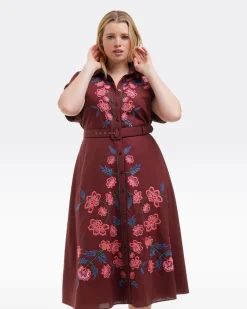 Presley Embroidered Midi Shirtdress in Raspberry Pink