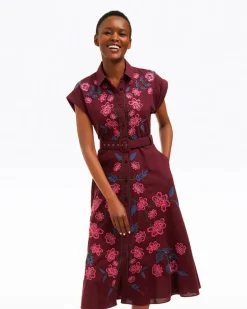 Presley Embroidered Midi Shirtdress in Raspberry Pink