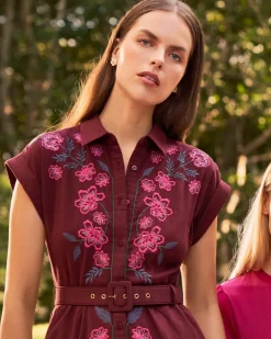 Presley Embroidered Midi Shirtdress in Raspberry Pink