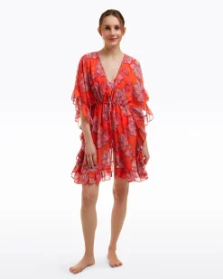 Red Magnolia Ruffle Caftan Cover Up