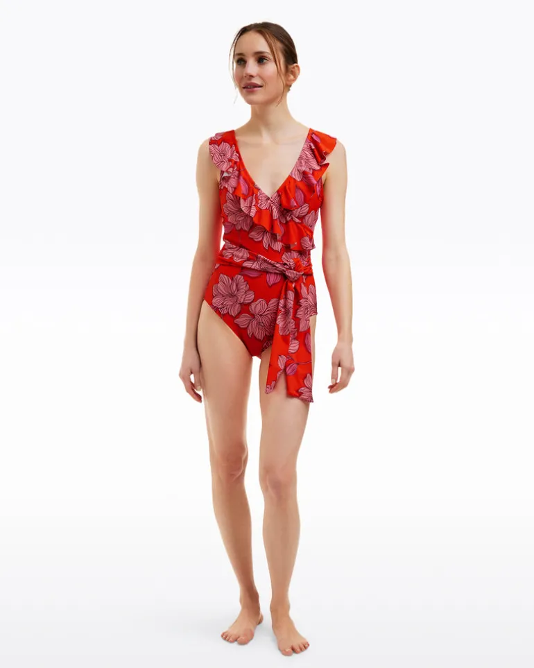 Red Magnolia Ruffle One Piece with Belt