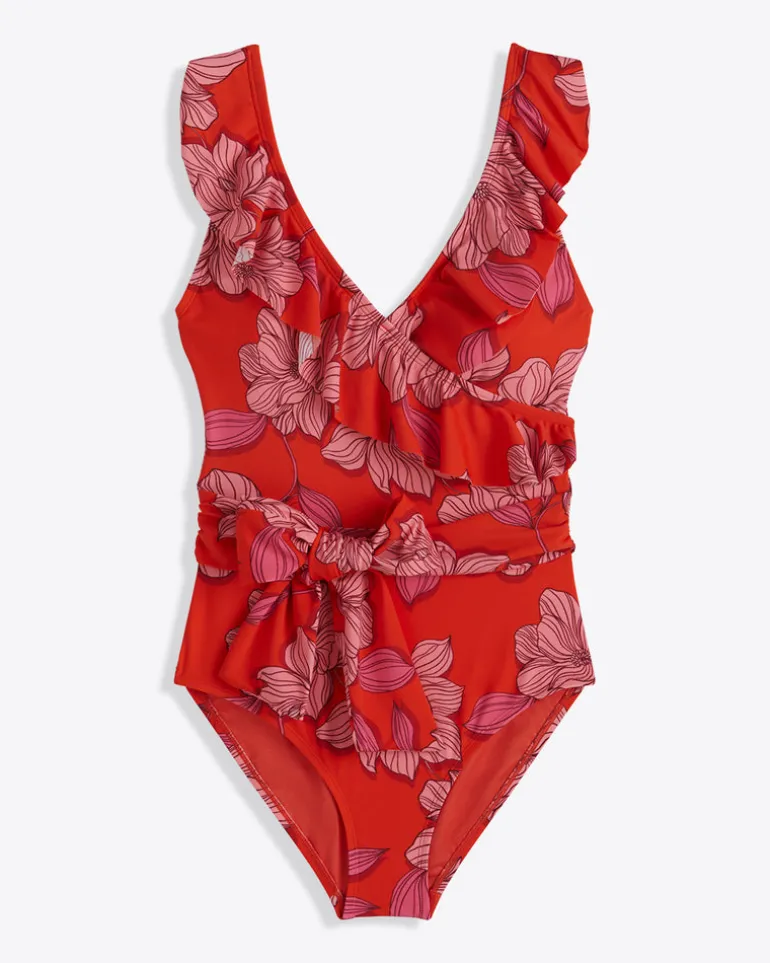 Red Magnolia Ruffle One Piece with Belt