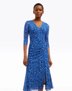 Selena V-Neck Midi Dress in Blue Scattered Ditsy