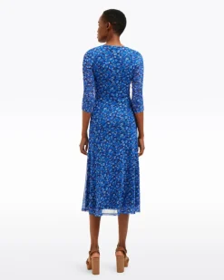 Selena V-Neck Midi Dress in Blue Scattered Ditsy