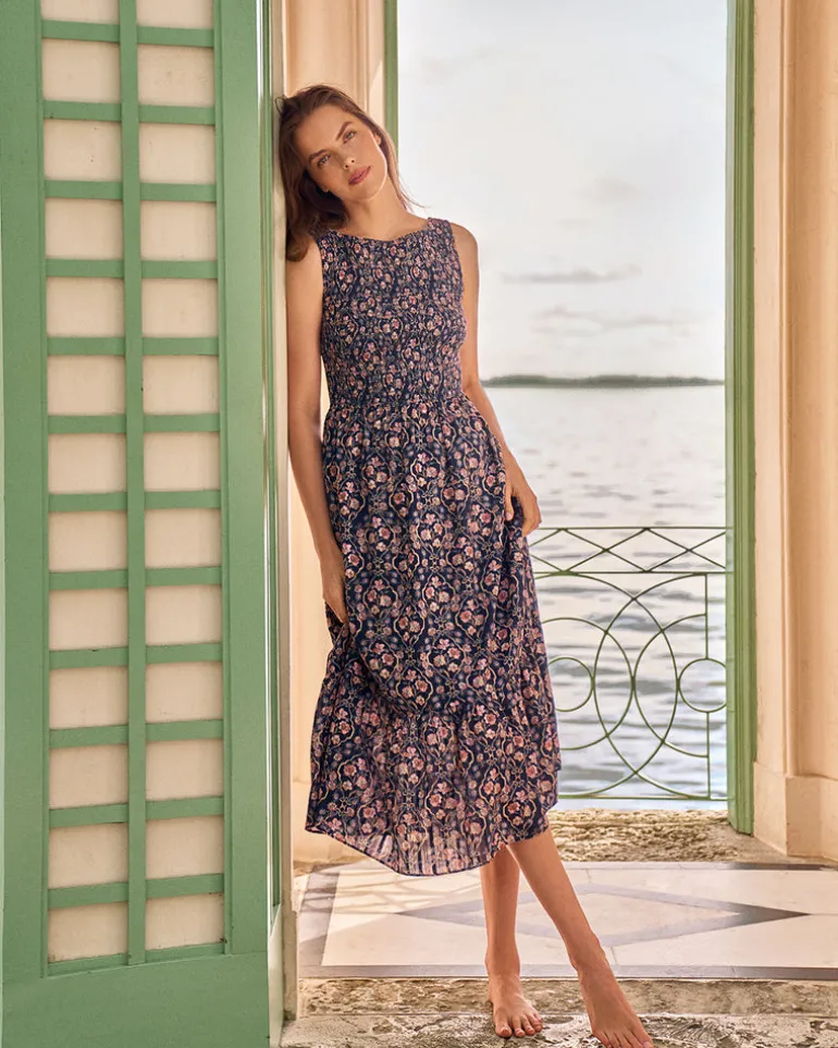 Wren Sleeveless Smocked Midi Dress in Twilight Vines